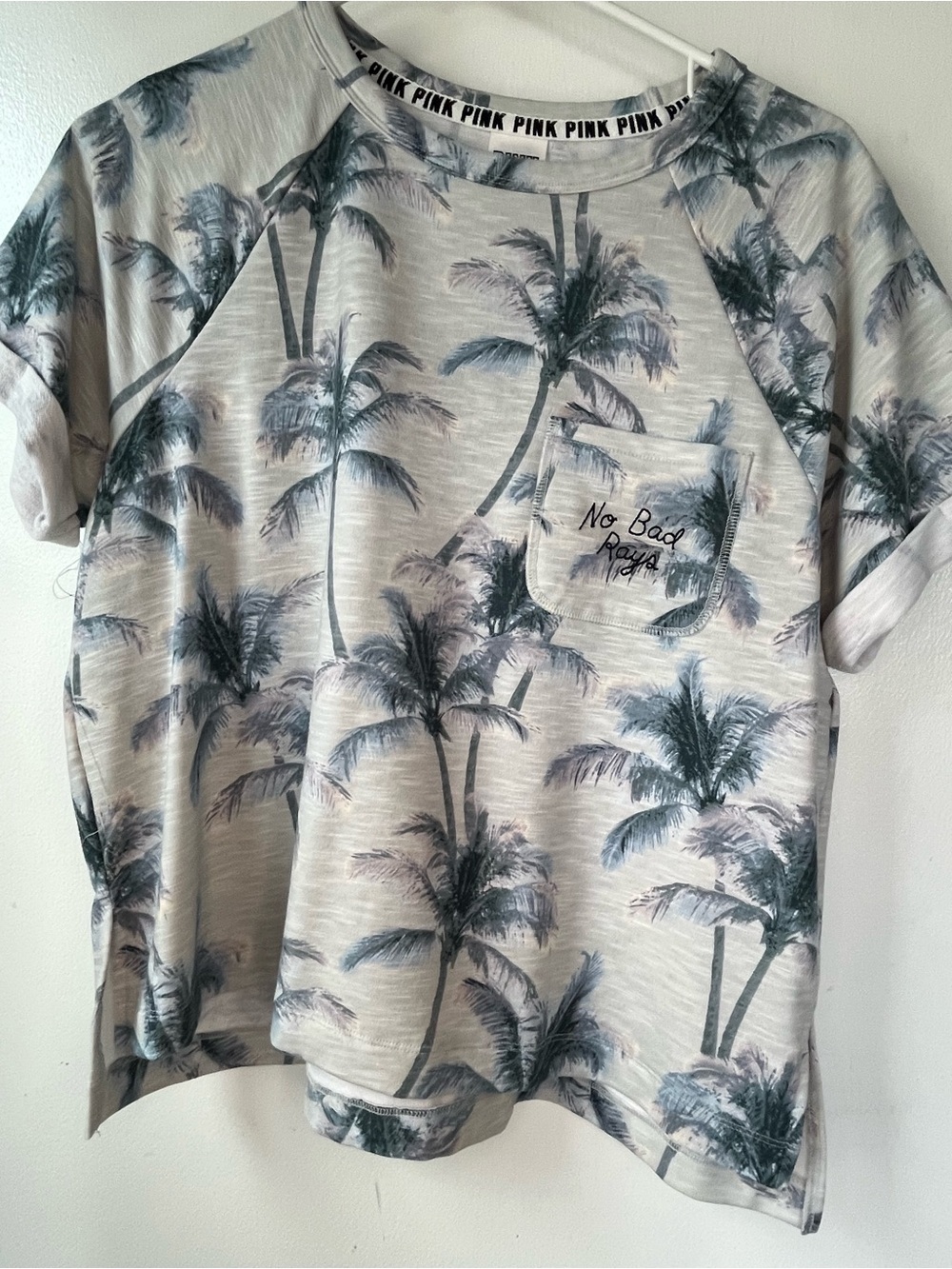PINK Victoria's Secret Palm Tree Pocket Tee - Light Gray Palm Print